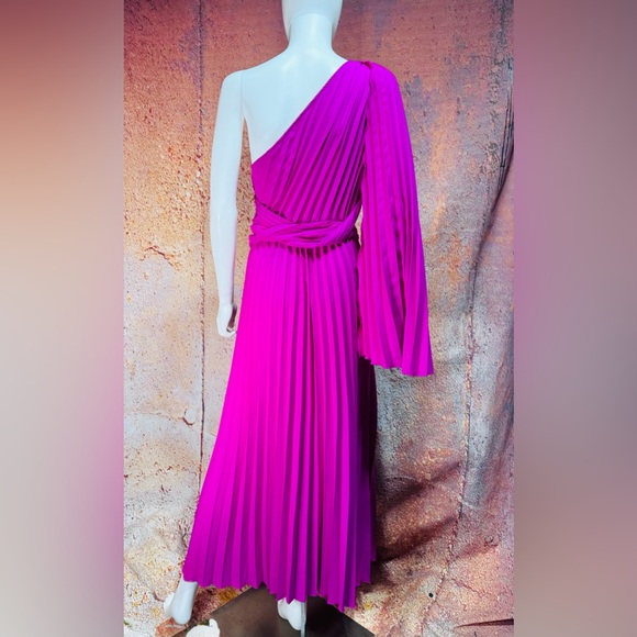 Elegant Large One-Shoulder Pleated Hot Pink Dress - Picture 4 of 7